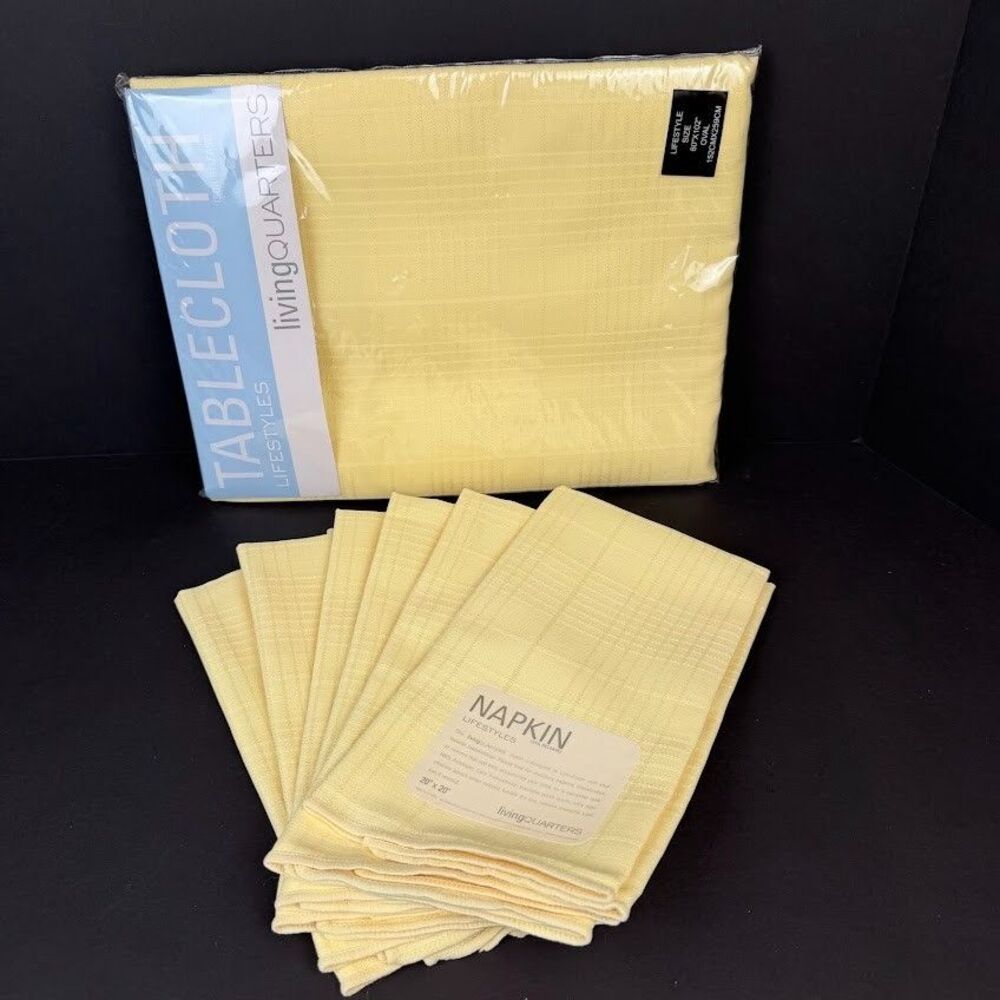 New Living Quarters Yellow 60x102" Oval Tablecloth & 6 20x20" Cloth Napkins NOS